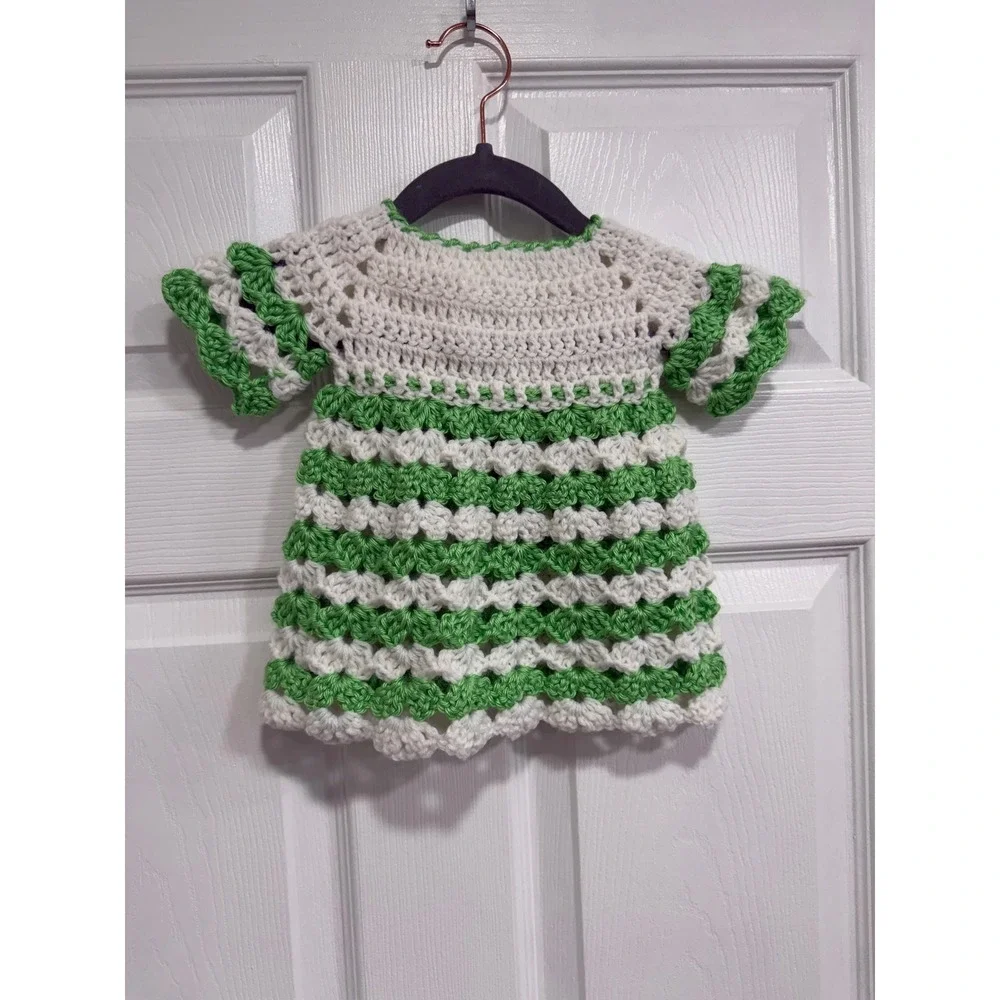 Handmade Crochet Baby Cardigan Green White Striped Flower Button Sweater Kids